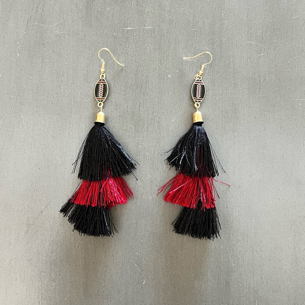 Enamel Football Red Black Tassel Game Day Georgia SDSU Texas Tech 4.5" Earrings